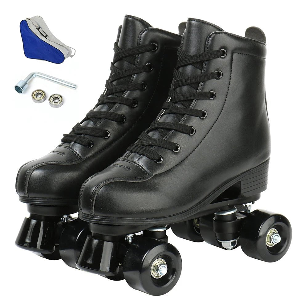 Flash 4 Wheel Roller Skates - Adult Women's PU Leather Size 32-45 - silverfoxgoods